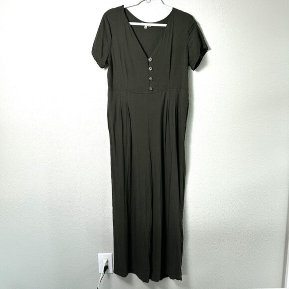 Earthbound Trading Jumpsuit Womens Size L Green Short Sleeve V Neck Pockets Boho - Picture 1 of 16